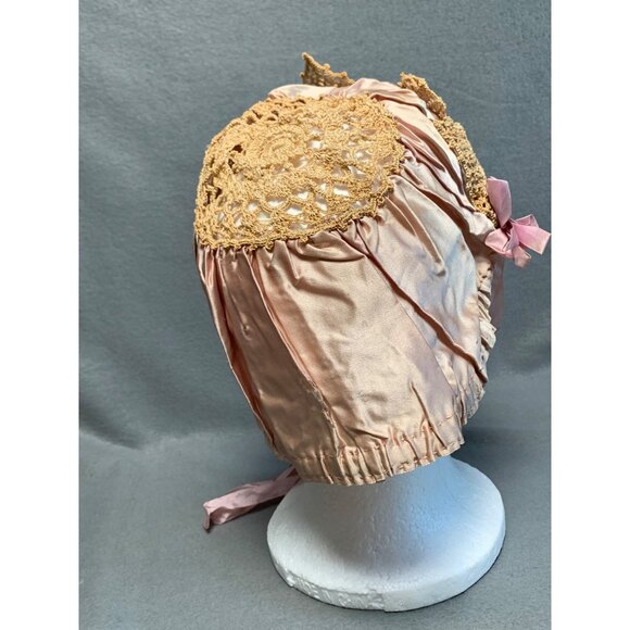 Vintage Pink Crochet & Silk Womens Bonnet with Ribbon Ties - Picture 13 of 16